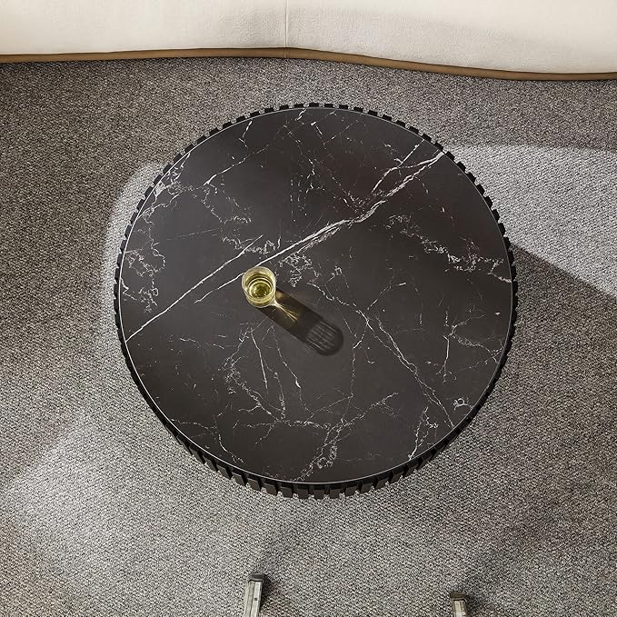 35.43'' Round Coffee Table with Faux Marble Tabletop, Modern Drum Center Coffee Tables Luxury Circle Coffee Table for Bedroom,Apartment,Living Room-Black