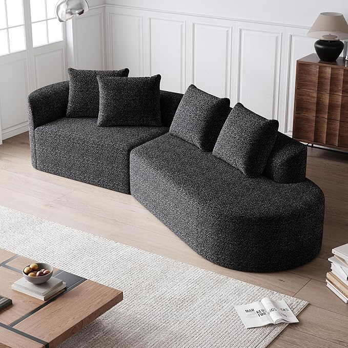 112" Modern Cloud Sectional Sofa, Chenille 4-Seater Curved Couch with 4 Pillows, Extra Deep & Wide Seat, No-Assembly Compressed Upholstered Living Room Sofa for Bedroom,Apartment,Black Left