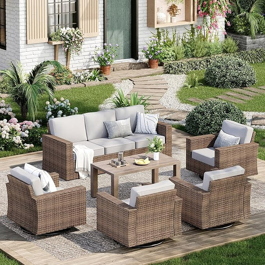 Patio Furniture Set, 6 Pieces Patio Conversation Set, Wicker Patio Furniture with 4 Swivel Chairs and 47'' Coffee Table, High Back Outdoor Conversation Set for Garden Backyard, Grey