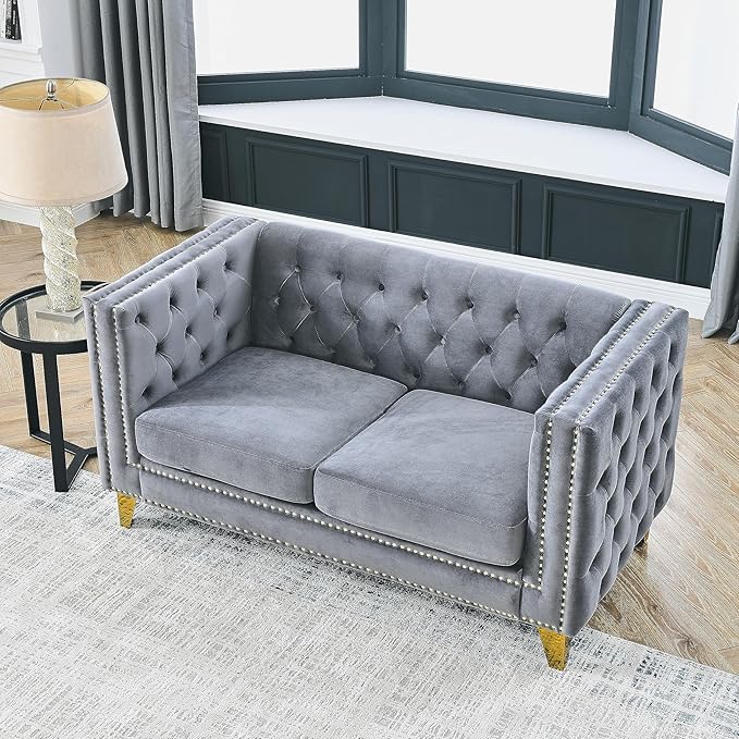 KEIKI Tufted Velvet 2 Seat Sofa Couch for Living Room, Buttons Tufted Square Arm Couch for Home Apartment, Gray