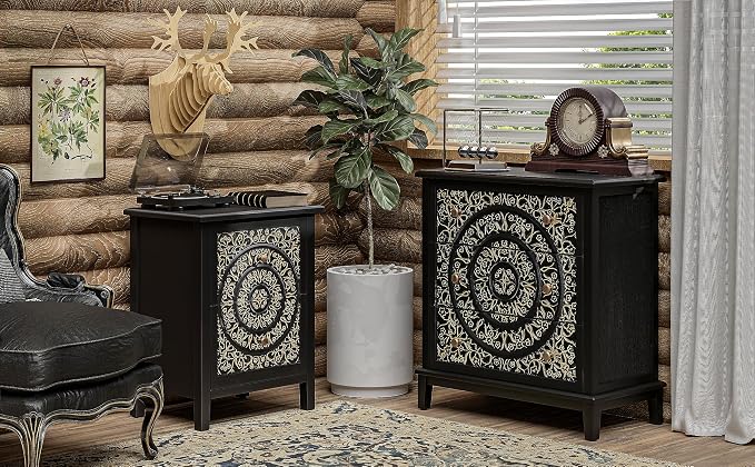COZAYH Set of 2 2-Drawer Fully-Assembled Flower Motif Nightstand for Small Spaces, French Country, Modern, Distressed Finish,Gold & Black - Image 7