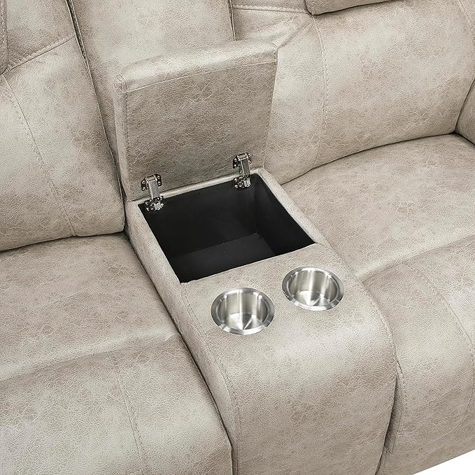 Lexicon Manual Double Reclining Loveseat, Polished Microfiber Manual Wall Hugger Loveseat Recliner for Living Room, Center Storage Console/Cup Holders/Pillow Top Arm, Easy Assembly, Pewter