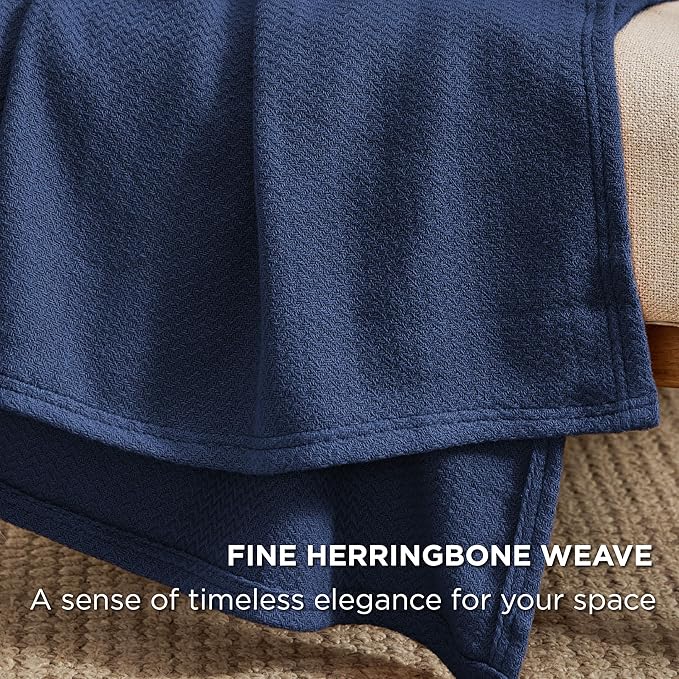 Bedsure GentleSoft 100% Cotton Blanket Full Size for Bed - Breathable and Lightweight, Soft Cozy Textured Herringbone Woven Blanket for Summer Spring, Navy Blue, 80x90 inches