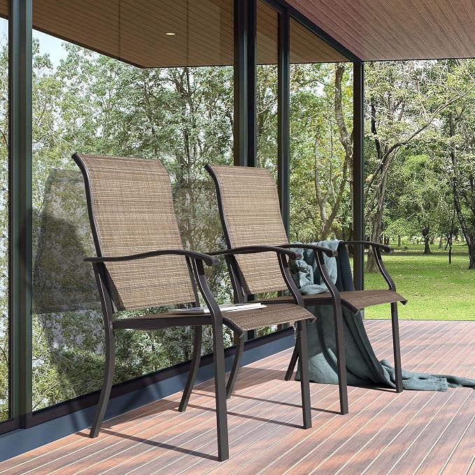 NUU GARDEN 4 Piece Outdoor Patio Dining Chairs, Textilene Dining Chairs with High Back, Patio Furniture Chairs with Armrest, Iron Frame for Lawn Garden Backyard Deck, Black and Brown - Image 4