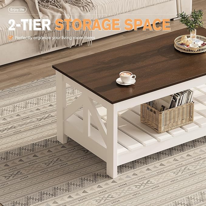YESHOMY Farmhouse Coffee Table, Coffee Tables for Living Room, Farmhouse Square Coffee Table with Storage, Couch Table, Small Tables for Small Spaces, Brown and White