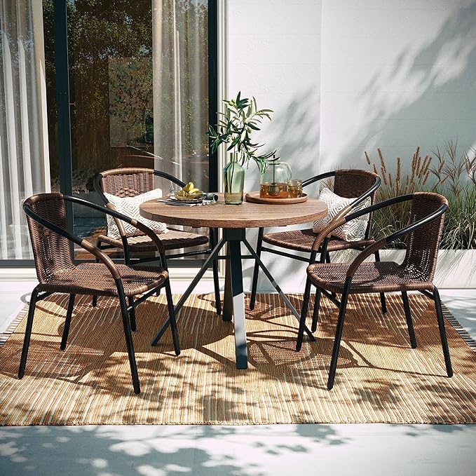 EMMA + OLIVER Set of 4 Modern Rattan Indoor/Outdoor Stack Chairs, Stacking Rattan Patio Chairs with Curved Back and Cross Bracing, Brown by EMMAOLIVER