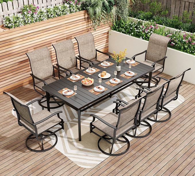 PHI VILLA 9 PCS Patio Dining Set for 8 Person, Padded High Back Outdoor Swivel Chairs and Large Metal Table, Patio Table and Chairs Set for Outdoor Deck Lawn Garden by PHIVILLA