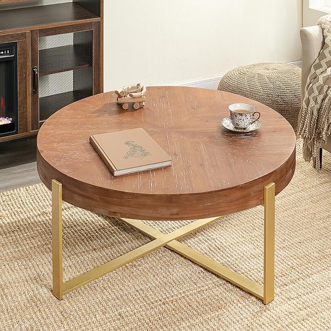 33.86" Round Coffee Table with X-Shaped Gold Metal Legs, Solid Wood Circle Table for Living Room, Retro Circular Table, Natural