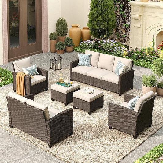 VICLLAX Patio Furniture Set 6 Pieces Wicker Outdoor Conversation Set, 3-Seat Sofa with 2-Seat Lover Couch, 2 Single Chairs and 2 Ottomans for Garden, Poolside, Backyard, Beige Cushion