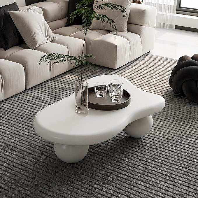 40” Cloud Coffee Table with 3 Ball Legs, Modern Irregular Center Table for Living Room, Low Cute Small MDF Tea Table for Bedroom, Space Apartment Cream White