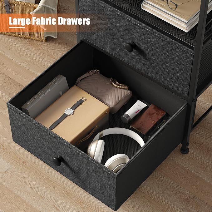EnHomee 17.8" W Nightstand, End Table with Fabric Drawers and Open Wood Shelf Storage,Safety Netting on 2 Sides of Night Stand,Bedside Table with Metal Frame for Bedroom,Closet, Dorm,Black and Gray - Image 4