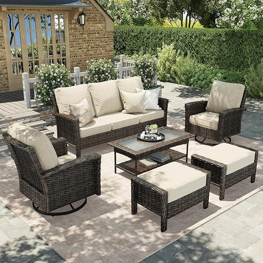 HERA'S HOUSE Patio Furniture Set with 35" High Back Swivel Chairs, Outdoor Wicker Conversation Sofa Sets, 5.5" Thick Cushions for Deck Lawn Poolside Backyard, Beige