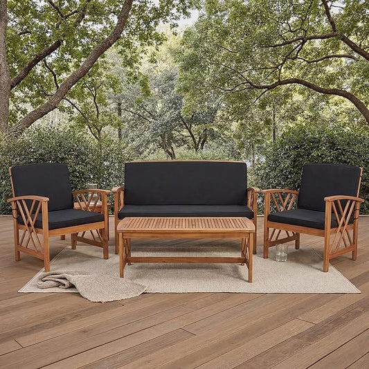 SAFAVIEH Outdoor Collection Fontana Natural/ Black Cushions 4-Piece Conversation Patio Set