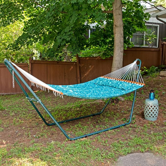 Sunnydaze Quilted Double Hammock for Outside with Spreader Bars and Pillow - 450 lb Capacity, 74x55 Inch Bed, UV Resistant, Quick Dry - Chains Included, Stand Sold Separately - Cool Blue Tropics - Image 2