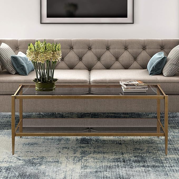 Henn&Hart 45" Wide Rectangular Coffee Table with Mirror Shelf in Brass, Coffee Table coffee tables for living room, studio apartment essentials
