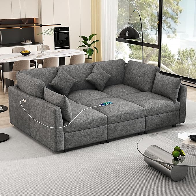 Eafurn 6 Seater Reversible Modular Sectional Sofa Convertible Sleeper Couch Bed, Free Combination Chenille Upholstered Corner Sofa Couches with USB Ports and Detachable Cushions (Grey)