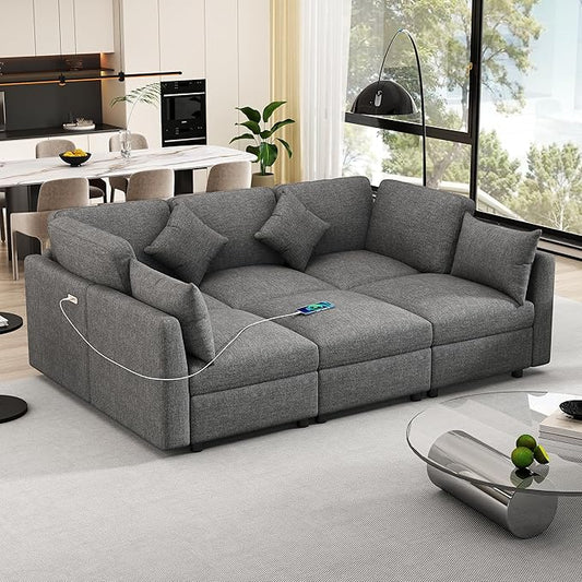 Eafurn 6 Seater Reversible Modular Sectional Sofa Convertible Sleeper Couch Bed, Free Combination Chenille Upholstered Corner Sofa Couches with USB Ports and Detachable Cushions (Grey)