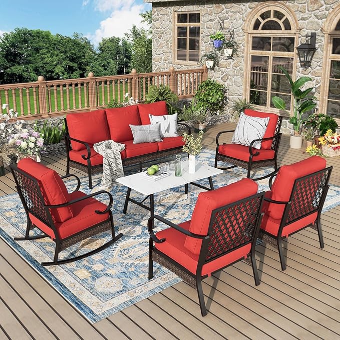 Patio Furniture Set with Coffee Table, Outdoor Conversation Set with 2 x Fixed Chairs, 2 x Rocking Chairs, 1 x 3-Seat Sofa for Lawn Garden Backyard, Red