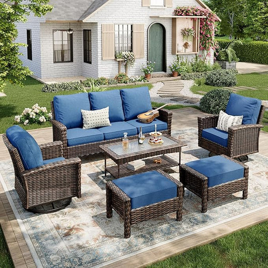 6-Piece Wicker Patio Furniture Set with Swivel Chairs, High Back Outdoor Furniture with 5.5-inch Thick Cushion and Ottoman, All-Weather Wicker Patio Conversation Set for Deck Lawn, Navy Blue