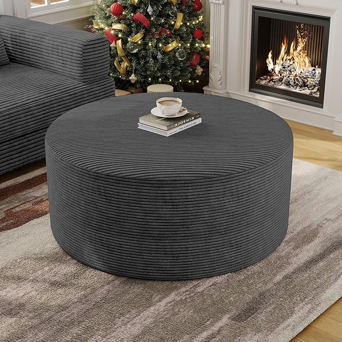 Round Ottoman Coffee Table with High-Resilience Foam Support, Oversized Modular Sectional Sofa Stool for Living Room, Bedroom & Small Spaces, No Assembly Footrest, Dark Gray, 32"
