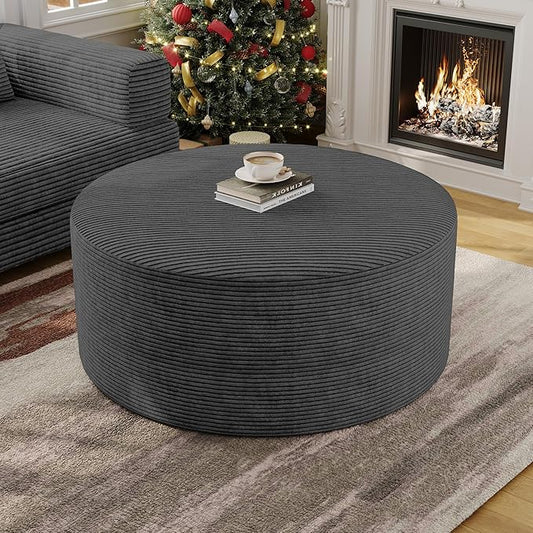 Round Ottoman Coffee Table with High-Resilience Foam Support, Oversized Modular Sectional Sofa Stool for Living Room, Bedroom & Small Spaces, No Assembly Footrest, Dark Gray, 32"