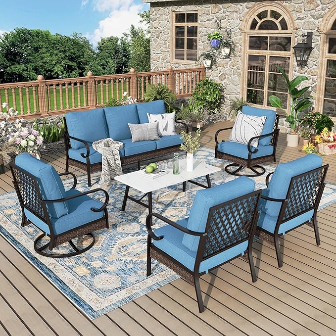 Patio Furniture Set with Coffee Table, Outdoor Conversation Set with 2 x Fixed Chairs, 2 x Swivel Chairs, 1 x 3-Seat Sofa for Lawn Garden Backyard, Navy Blue