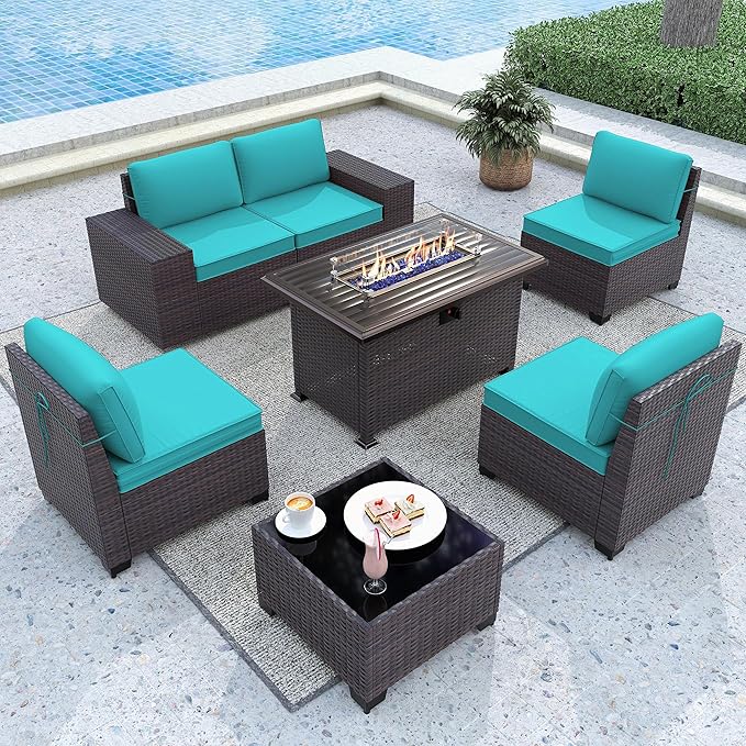 Gotland 7 Pieces Patio Furniture Set with 55000BTU Fire Pit Table, Wicker Patio Set with Wide Armrests 29.5'' High Backrest Thick Cushions 1 Coffee Table, Outdoor Furniture for Porch Deck Green