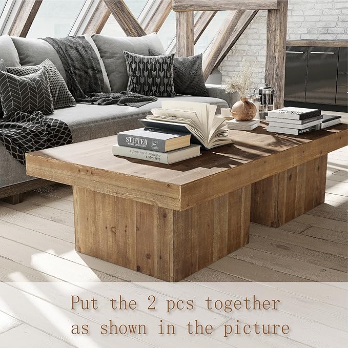 COZAYH Modern Farmhouse Wood Block Coffee Table, Rustic Square Table Chunk Table with Cubic Base for Family, Living Room, Lounge, Nature Wood Finish, Sturdy, Distressed, Rectangle