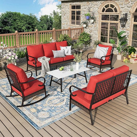Patio Furniture Set with Coffee Table, Outdoor Conversation Set with 2 x Rocking Chairs, 1 x 2-Seat Sofa, 1 x 3-Seat Sofa for Lawn Garden Backyard, Red