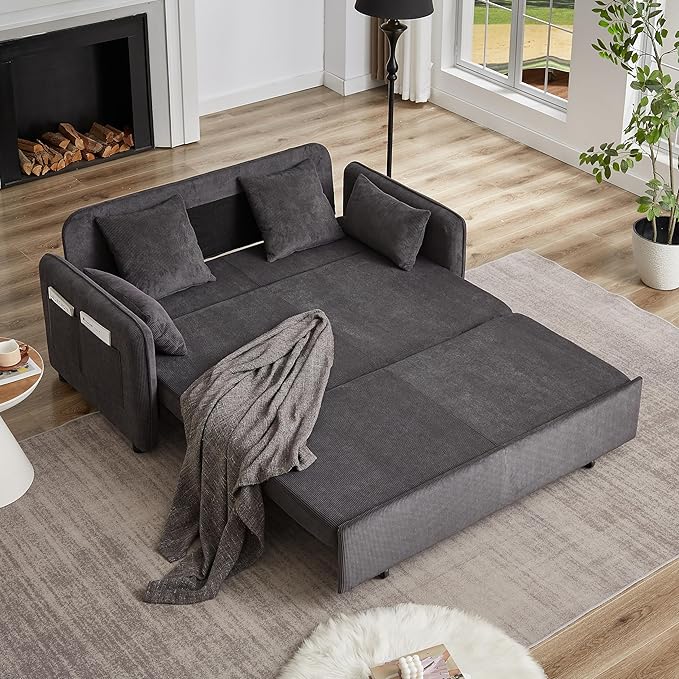 Ball & Cast 66" Convertible Sofa Bed,3-in-1 Corduroy Loveseat Sleeper Pull Out Couch Bed with Pillows and Side Pockets, Deep Seat Comfy Sofa Couches for Living Room,Apartment,Dark Grey