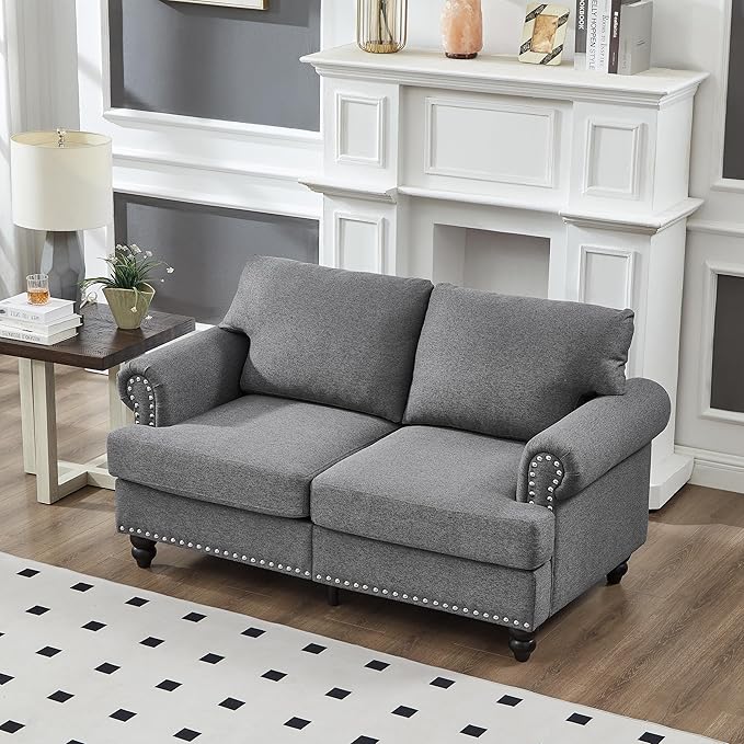 2 Pieses Living Room Sofa Sets Linen Fabric Couch and Loveseat with Nailhead Decor, Soild Wood Legs, Rolled Armrests & Storage ,2PCS Sofas 3 Seaters Couch and Love Seat for Living Room Furniture Sets