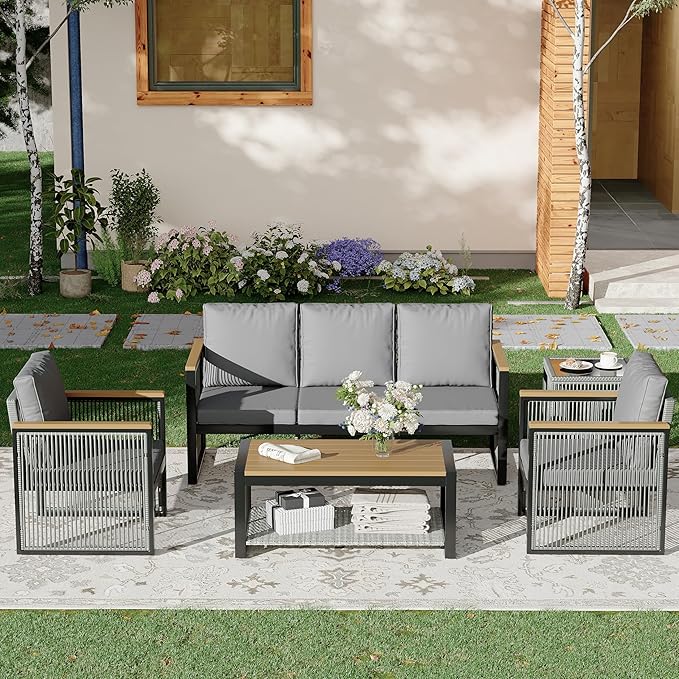 HOMREST Metal Outdoor Patio Furniture Set, 5-Piece Outdoor Sectional Patio Conversation Set with 3-Seat Sofa,Coffee Table,Upgard Cusion for Deck, Lawn,Poolside(Grey)