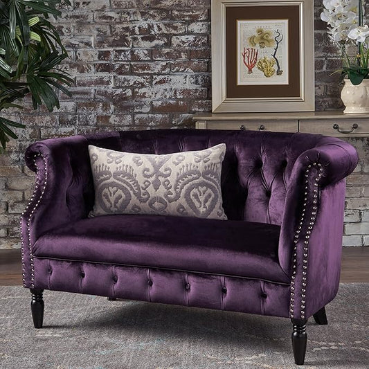 Christopher Knight Home GDFStudio Melaina Tufted Chesterfield Velvet Loveseat with Scrolled Arms, BlackBerry and Dark Brown