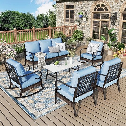 Patio Furniture Set with Coffee Table, Outdoor Conversation Set with 2 x Fixed Chairs, 2 x Rocking Chairs, 1 x 3-Seat Sofa for Lawn Garden Backyard, Blue