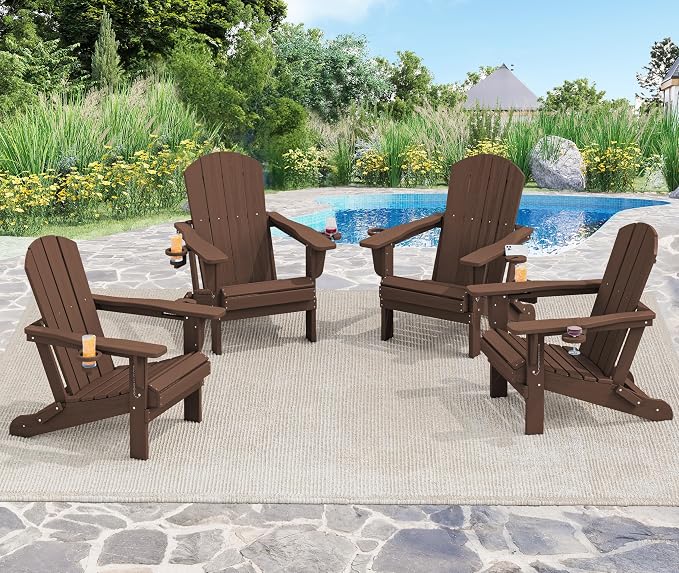 SERWALL Adirondack Chair with Cup Holders - Composite Adirondack Chairs HDPE Outdoor Chairs All Weather Use- Coffee - Image 2