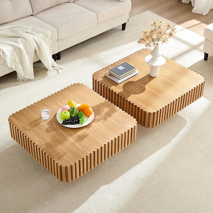 WILLIAMSPACE 35.43" Square Coffee Table with Sturdy Base, Modern Luxury Wood Drum Center Table Accent End Side Table for Living Room, Minimalist Fluted Design, Oak
