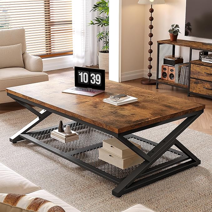 EnHomee Coffee Table with Storage, Modern Coffee Tables for Living Room with Mesh Shelf, 2 Tier Rectangular Center Table for Living Room, Bedroom, 47.2 Inch, Rustic Brown