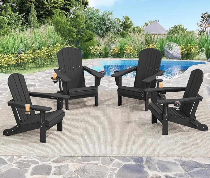 SERWALL HDPE Folding Adirondack Chair with Dual Cup Holder - Composite Adirondack Chair Set of 6- Black - Image 2