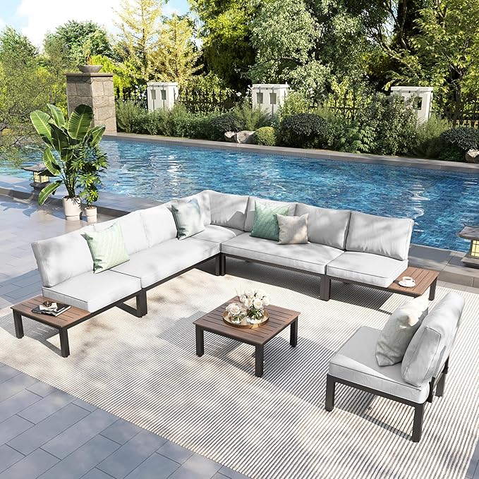 PHI VILLA 7 Pieces Outdoor Patio Furniture Set,Metal Frame Modern Outdoor Sectional Sofa Set,8 Seats Patio Conversation Sets with Coffee Table&Thickened Cushion,for Poolside and Backyard,Light Grey