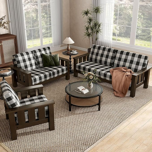 Furniture of America Gavik Modern 3-Piece Solid Wood Sofa Set with Plaid Removable Cushions, Black and White Upholstery Fabric, Arm Chair, Comfortable Couch and Loveseat for Living Room, Dark Walnut