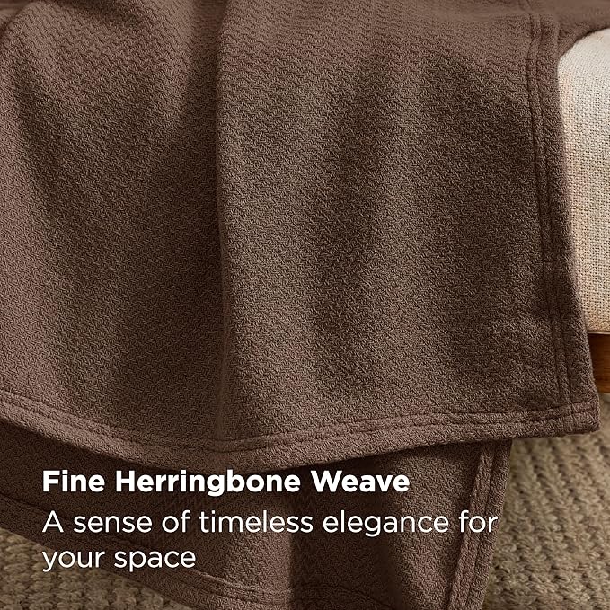 Bedsure GentleSoft 100% Cotton Blanket Twin XL Size for Bed - Breathable and Lightweight, Soft Cozy Textured Herringbone Woven Summer Blanket for College Dorm, Brown, 66x90 inches