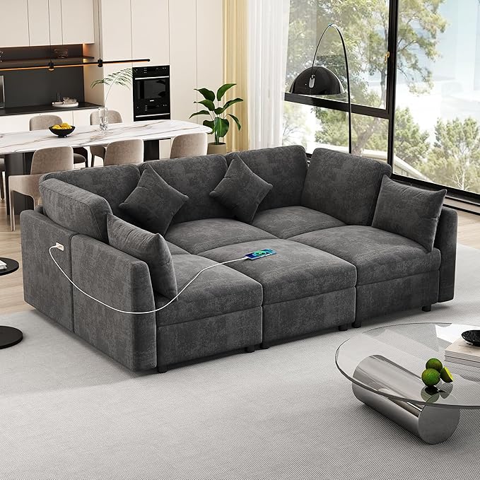 6 Seater Reversible Modular Sectional Sofa Convertible Sleeper Couch Bed , Free Combination Chenille Upholstered Corner Sofa&Couches with USB Ports and Detachable Cushions for Living Room Furniture