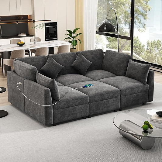 6 Seater Reversible Modular Sectional Sofa Convertible Sleeper Couch Bed , Free Combination Chenille Upholstered Corner Sofa&Couches with USB Ports and Detachable Cushions for Living Room Furniture