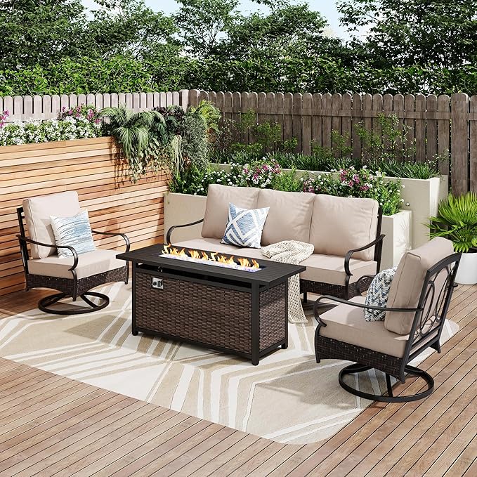 PHI VILLA 4-Piece Patio Sofa with 56" Fire Pit Table, Premium Wicker Metal Frame with Upgraded Waterproof Thick Cushions for Porch, Poolside, Deck, Beige