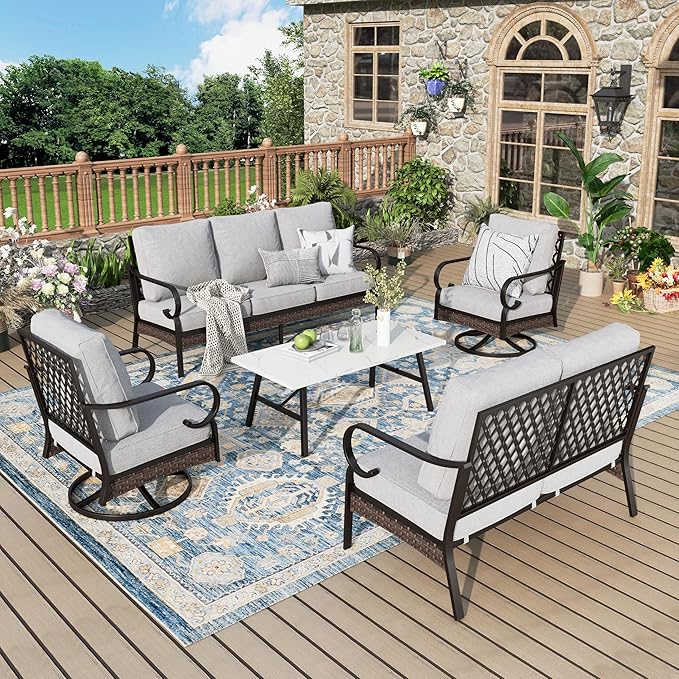 Patio Furniture Set with Coffee Table, Outdoor Conversation Set with 2 x Swivel Chairs, 1 x 2-Seat Sofa, 1 x 3-Seat Sofa for Lawn Garden Backyard, Light Grey