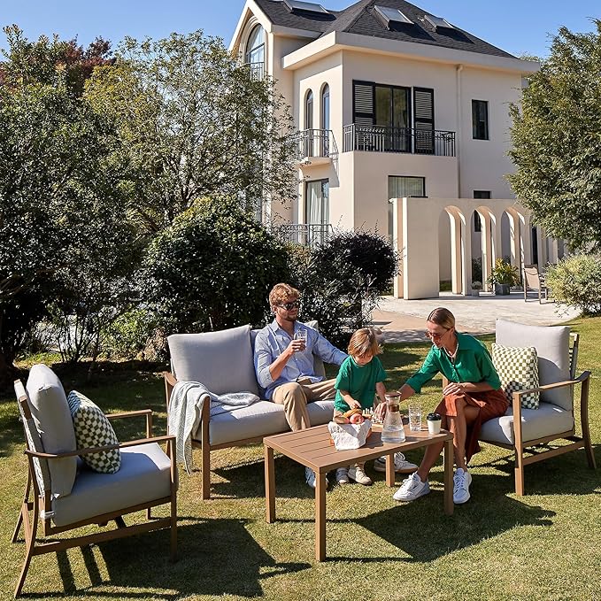 NATURAL EXPRESSIONS 4 Pieces Patio Furniture Sets, Modern Metal Outdoor Conversation Sets with High Back All Weather Hand-Woven Rope Rocking Chairs, Loveseat, Metal Table, 6" Thick Olefin Cushions