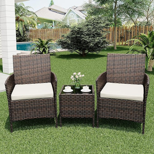 3 Piece Patio Furniture Set, Outdoor Patio Wicker Sofa Set with Upholstery and Glass Storage Coffee Table, All Weather Conversation Rattan Set for Garden, Porch, Lawn, Pool, Brown