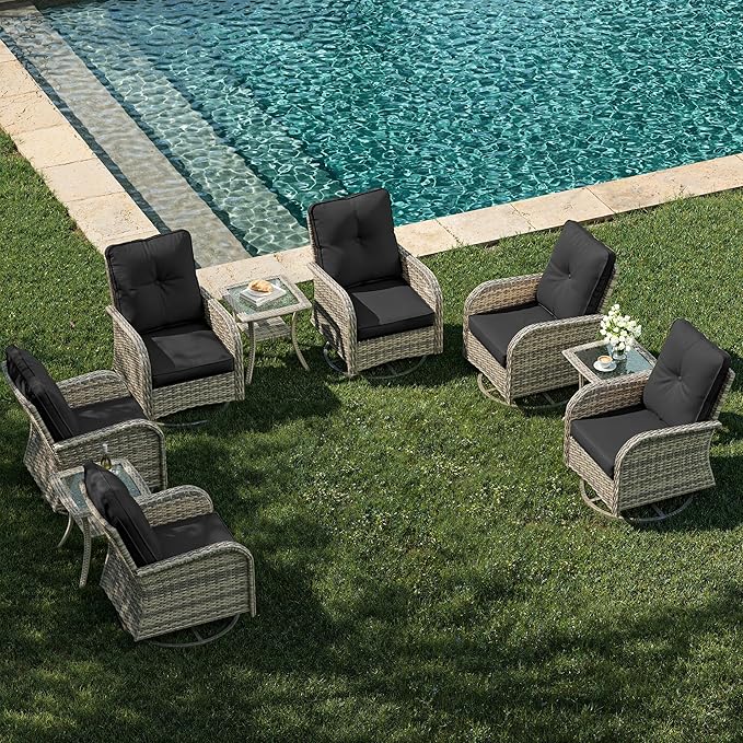 9-Piece Patio Rocking Swivel Chair Outdoor Wicker Rattan Bistro Set with Tempered Glass Side Table, Outdoor Patio Furniture Set for Garden, Deck, and Balcony, Dark Grey