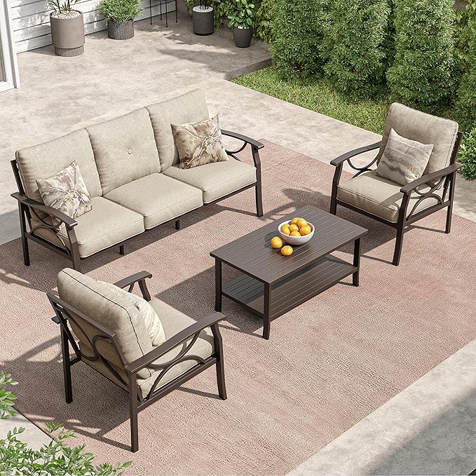 RoyalCraft Outdoor Patio Furniture Set, 4 Piece Patio Conversation Set with Coffee Table, Metal Furniture Set for Porch Backyard Garden, Coffee