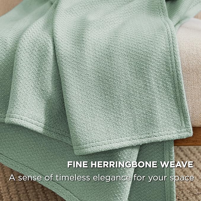 Bedsure GentleSoft 100% Cotton Blanket Full Size for Bed - Breathable and Lightweight, Soft Cozy Textured Herringbone Woven Blanket for Summer Spring, Sage Green, 80x90 inches